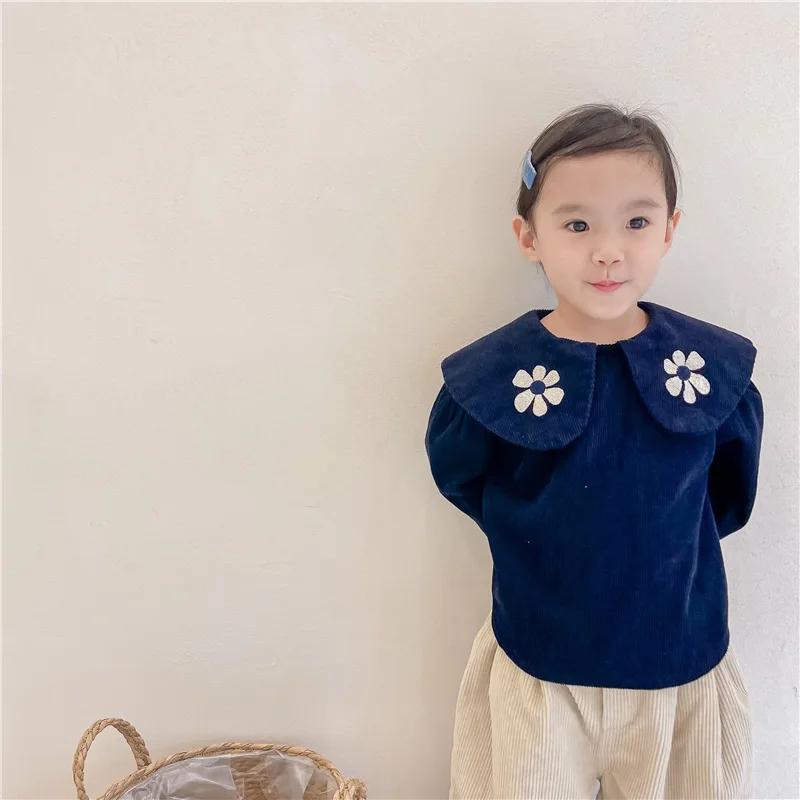 

Girls Top Spring 2026 New Korean Edition Embroidered Bubble Sleeve Corduroy Long Sleeve Shirt Versatile Stylish Daily Wear