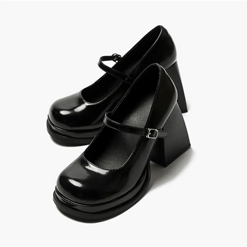 

Черные туфли-лодочки из лакированной кожи на массивном каблуке, женские туфли Мэри Джейн в стиле ретро, удобные повседневные кожаные женские туфли на каблуке с пряжкой и ремешком