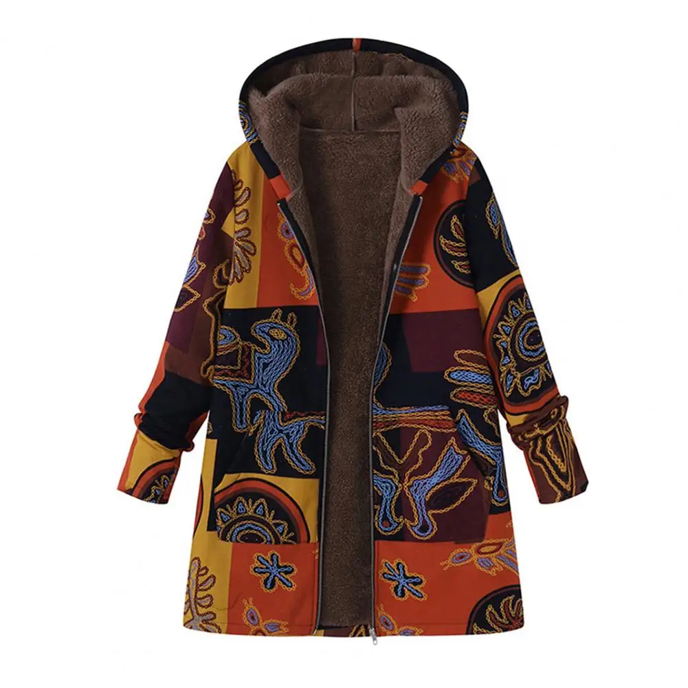 Vrouwen Winterjas Retro Bloemenprint Dikke Pluche Rits Capuchon Warmte Retentie Lange Mouwen Halflange Vrijetijdsjas