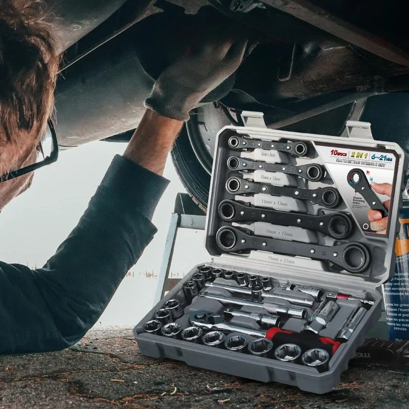 

Набор торцевых головок 32 шт. с приводом 3/8 дюйма и трещоткой с двойной головкой для домашнего и автомобильного ремонта