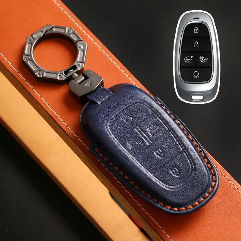 

1pc Handmade Leather Car Key Cover For Hyundai Santa Fe Tucson 2022 NEXO NX4 Atos Solaris Prime 2021 Auto Shell Fob Case