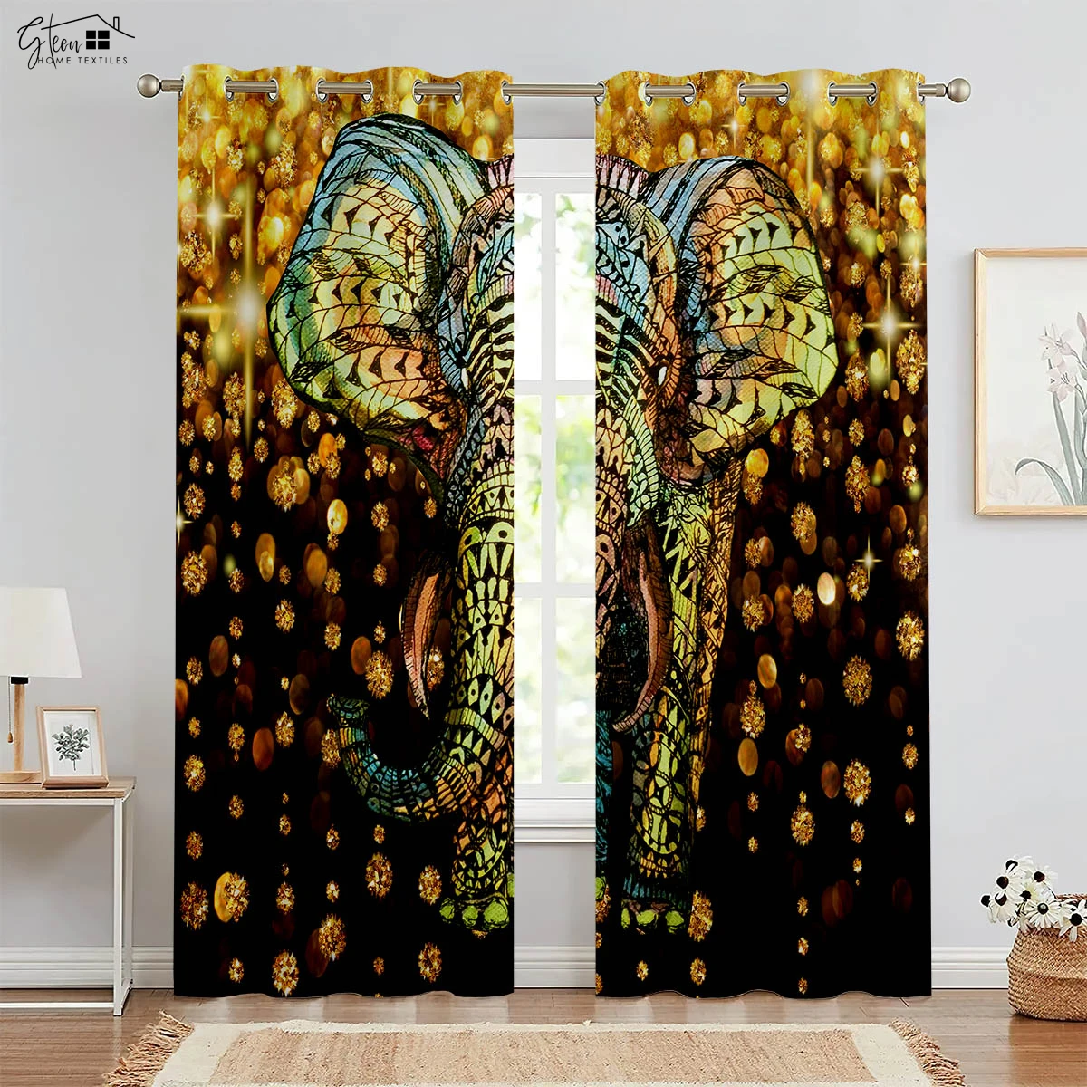 

Elephant Pattern 3D Printed Curtains Nordic Style Live Background Homestay Bedroom Living Room Fortune Decoration Curtains 2PCS