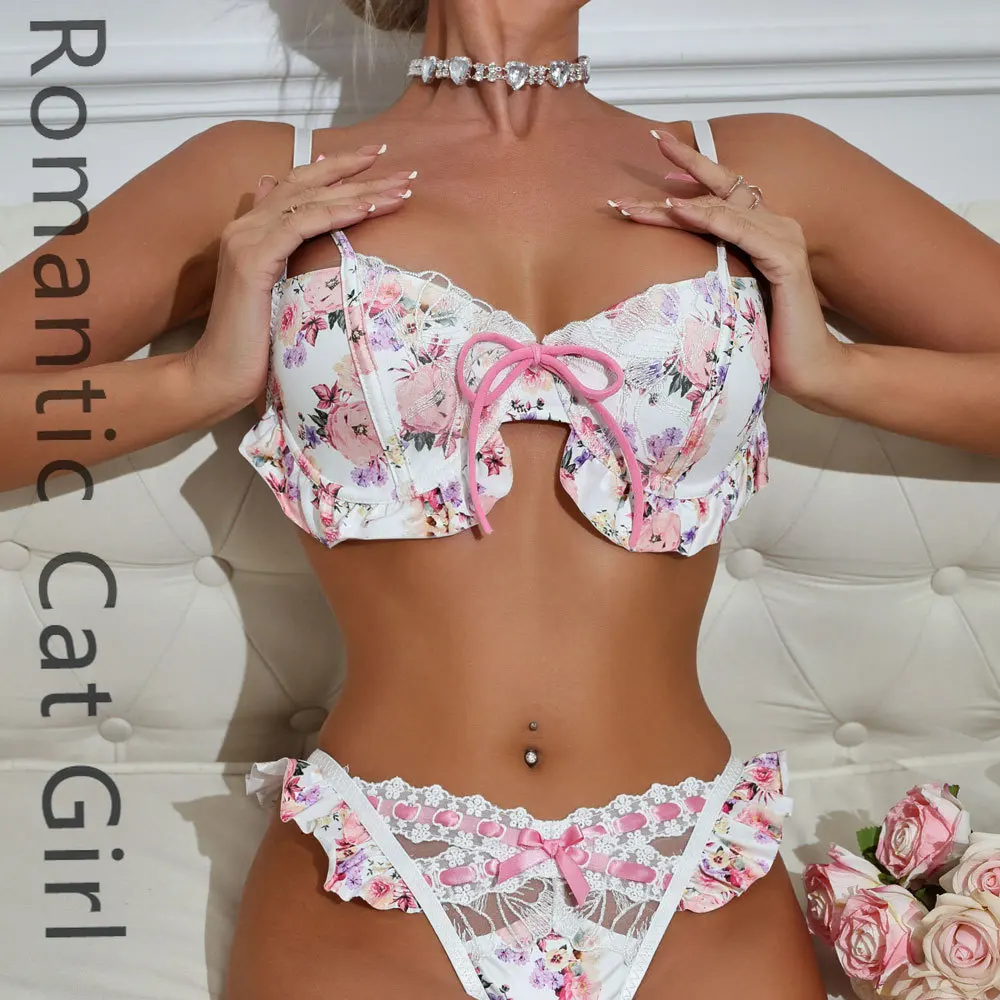 

2025 new suspender bra, European and American new printed bow women's erotic underwear set 46
