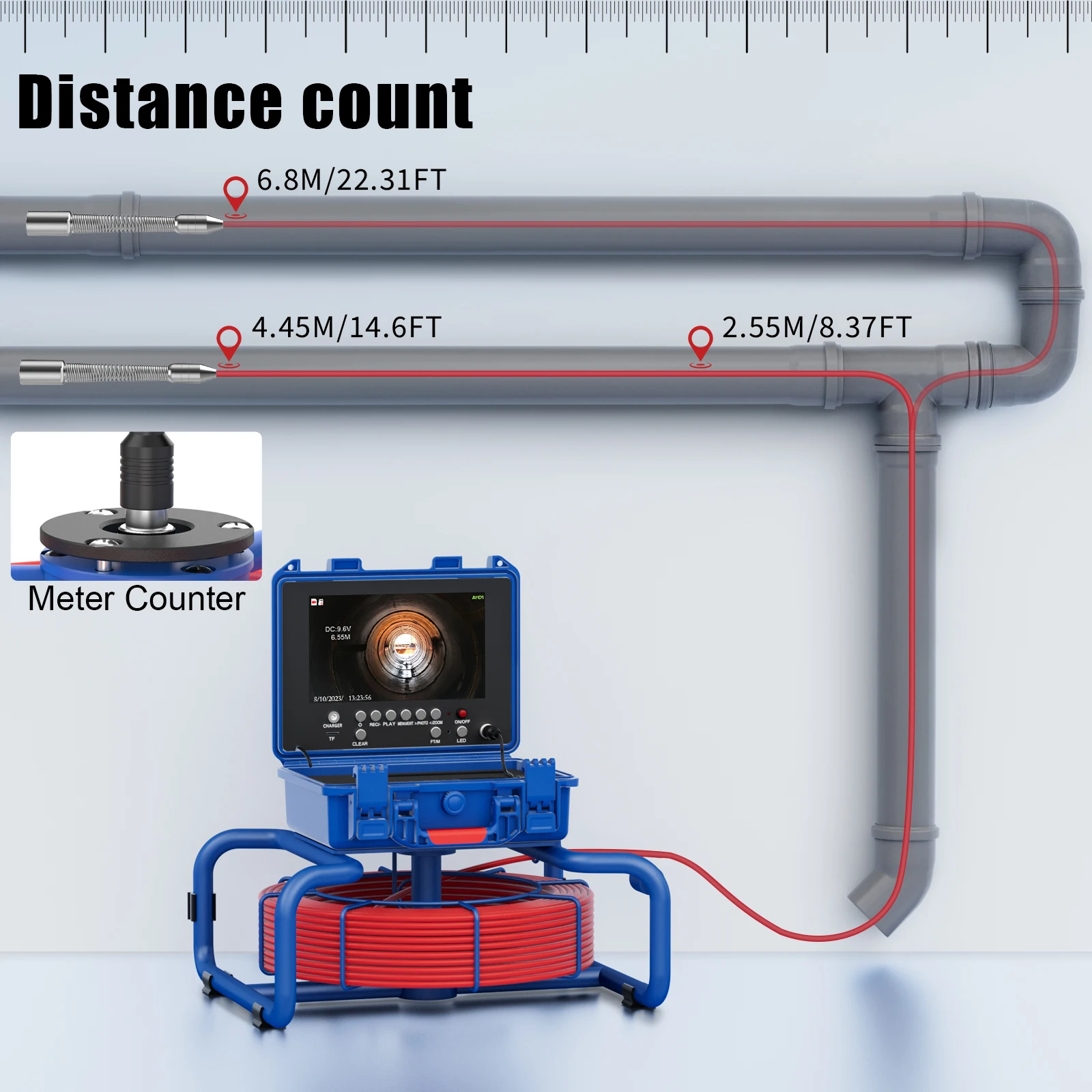 

Sewer Pipe Inspection Camera with Meter Counter and Self-Leveling 512HZ Locator DVR 9 inch Waterproof Video Endoscope Camera