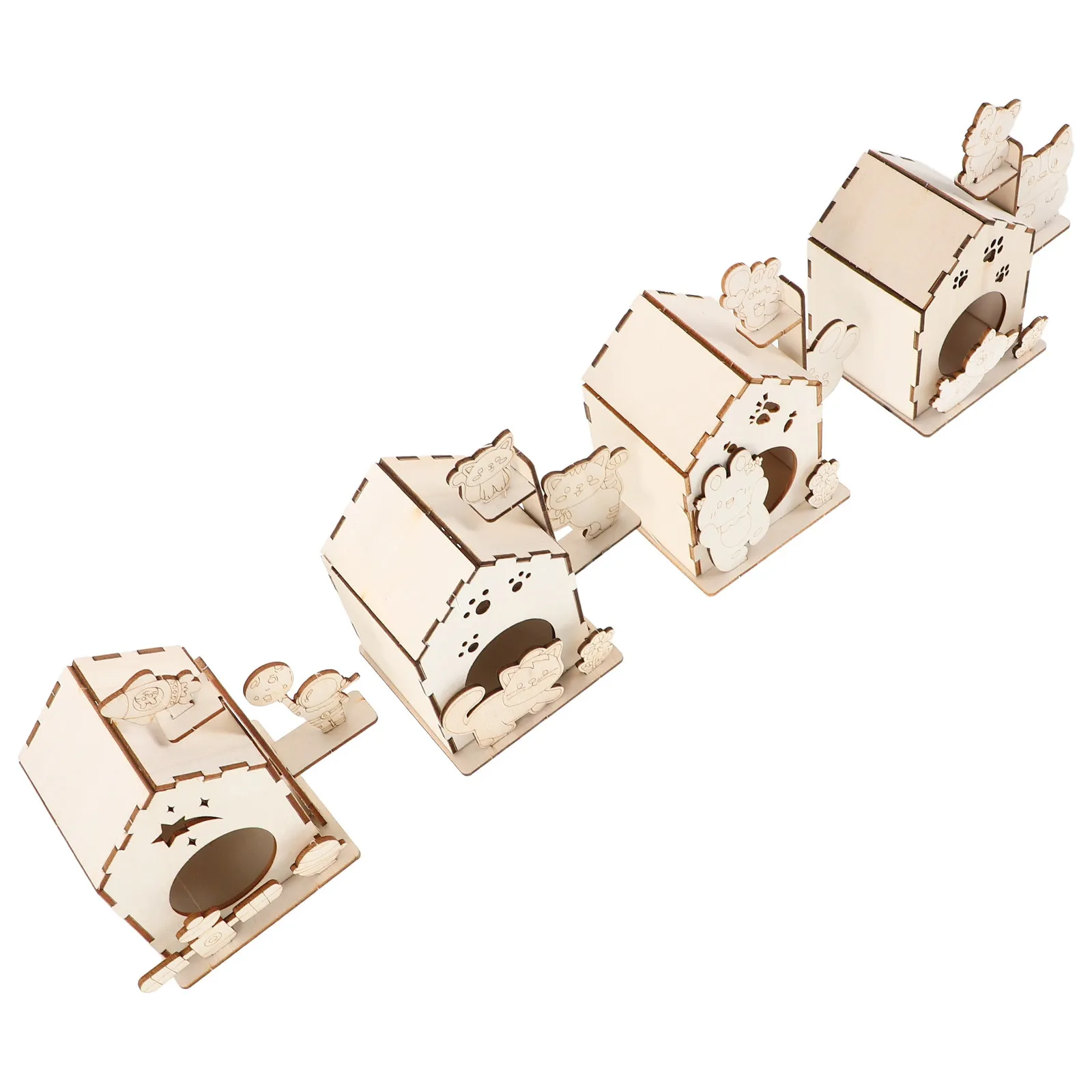 4Pcs Unpainted Wooden Bird House Kit Kids DIY Graffiti Craft Creative Painting Activity Hand-Eye Coordination Garden Courtyard