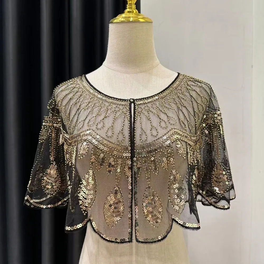 

Vintage 1920s Flapper Shawl Floral Embroidery Sequin Cape Short Cape With Dress Evening Wrap