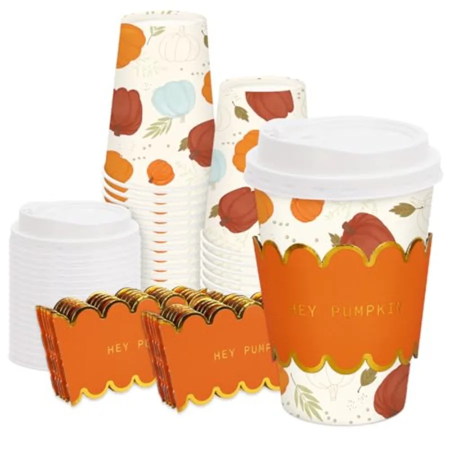 

50 шт. осенние кофейные чашки с крышками и рукавами, 12 унций, дизайнерские бумажные стаканчики с тыквенными листьями для осеннего сезона, одноразовая кофейная чашка ToGo