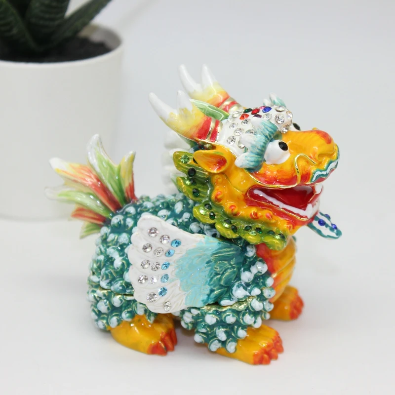 SHINNYGIFTS Enamel Collectible Fengshui Statue Trinket Box Unique Qilin Souvenir Home Office Decoration Business Gift Qilin Me