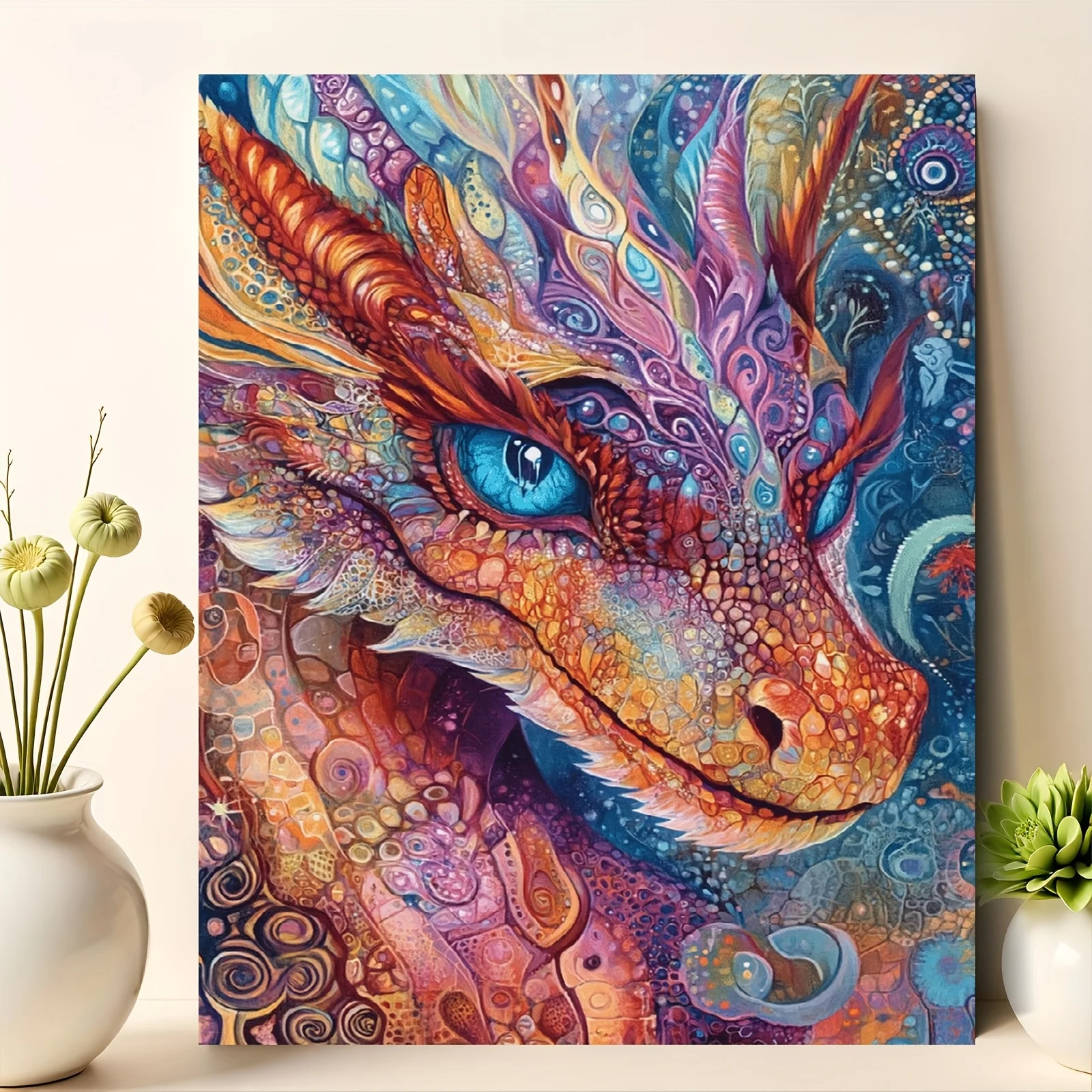 Acrylfarbe nach Zahlen: Farbenfroher Drache – Malen nach Zahlen auf Leinwand für Erwachsene – Digitale Kunst zum Ausmalen