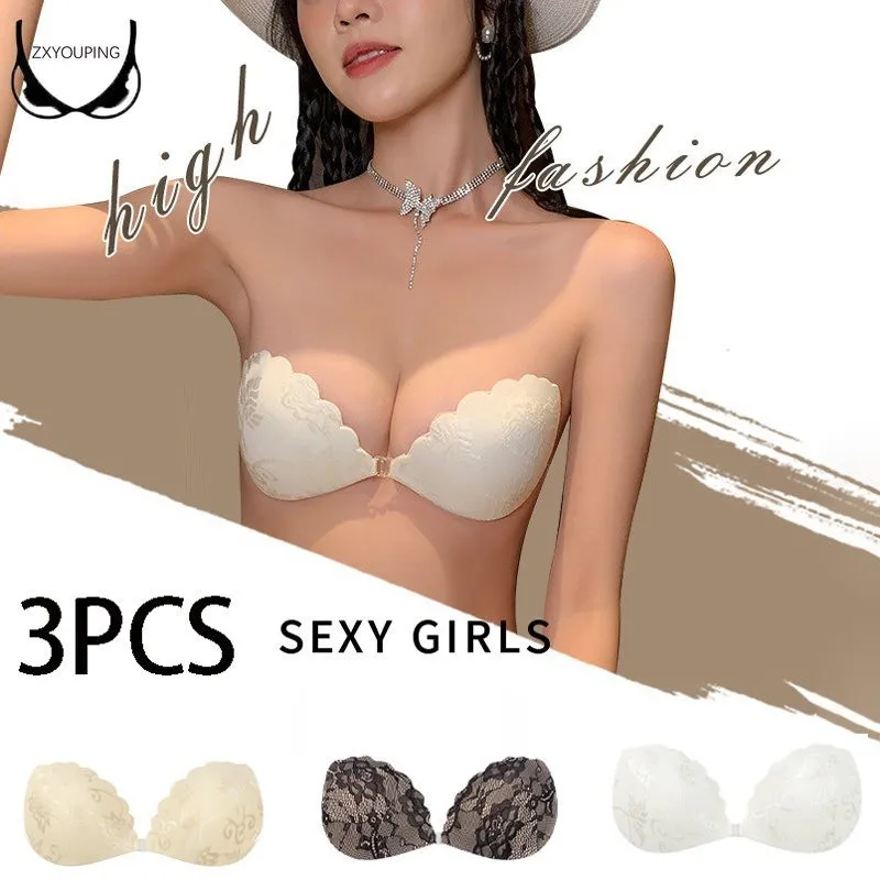 3PCS Women Sexy Silicone Chest Stickers Push Up Invisible Bra Lace Embroidery Breathable Deep  V Plus Size Self Adhesive Bra