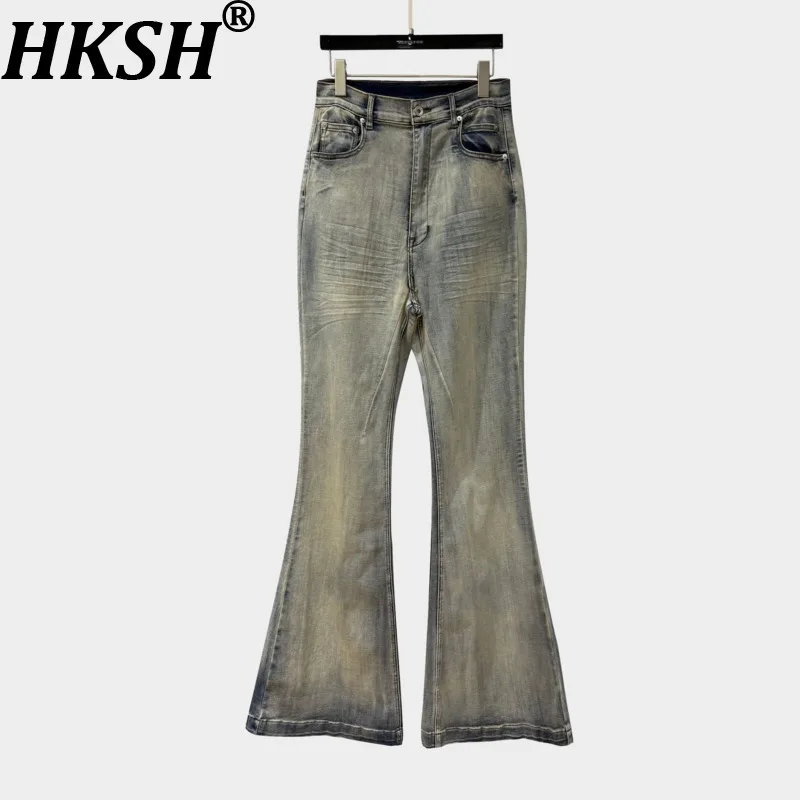 

HKSH Spring Autumn New Women Washed Flared Jeans Pleated Pocket American Retro Streetwear Casual Vintage Ins Denim Pants HK13149