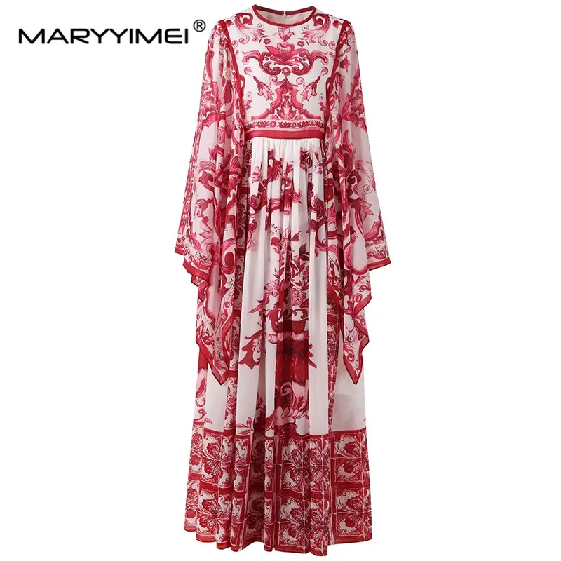 

MARYYIMEI Spring Autumn Designer Women's dress Batwing Sleeve Print Loose Holiday robe Dresses