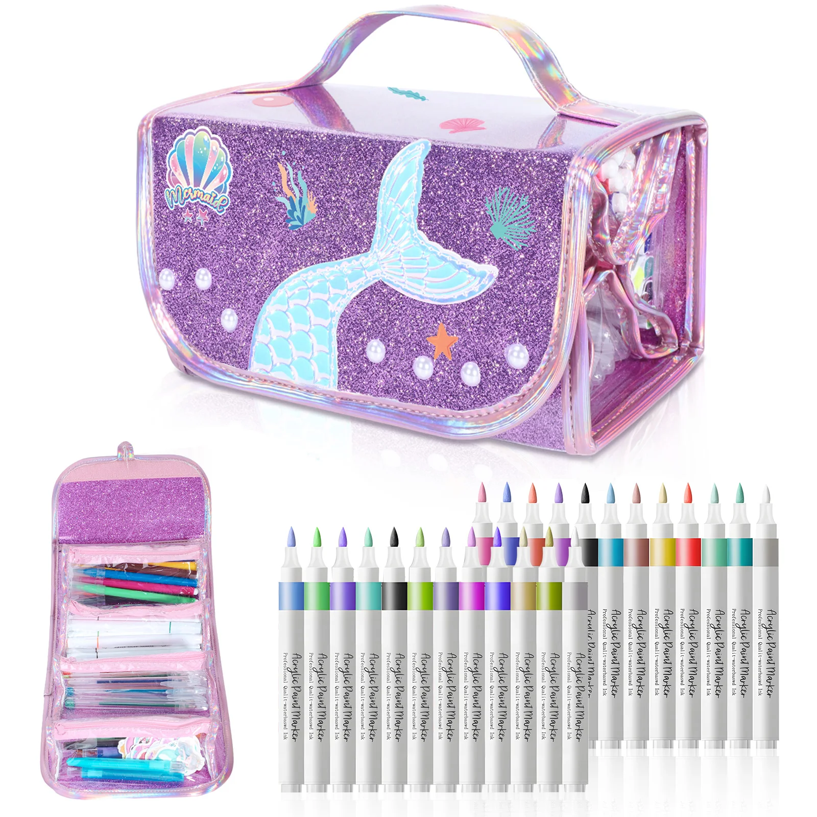 Mermaid Pencil Case For Kids Glitter Purple Pencil Bag Color Pens Set With Case Cute School Stationery Box girl’s Christmas Gift