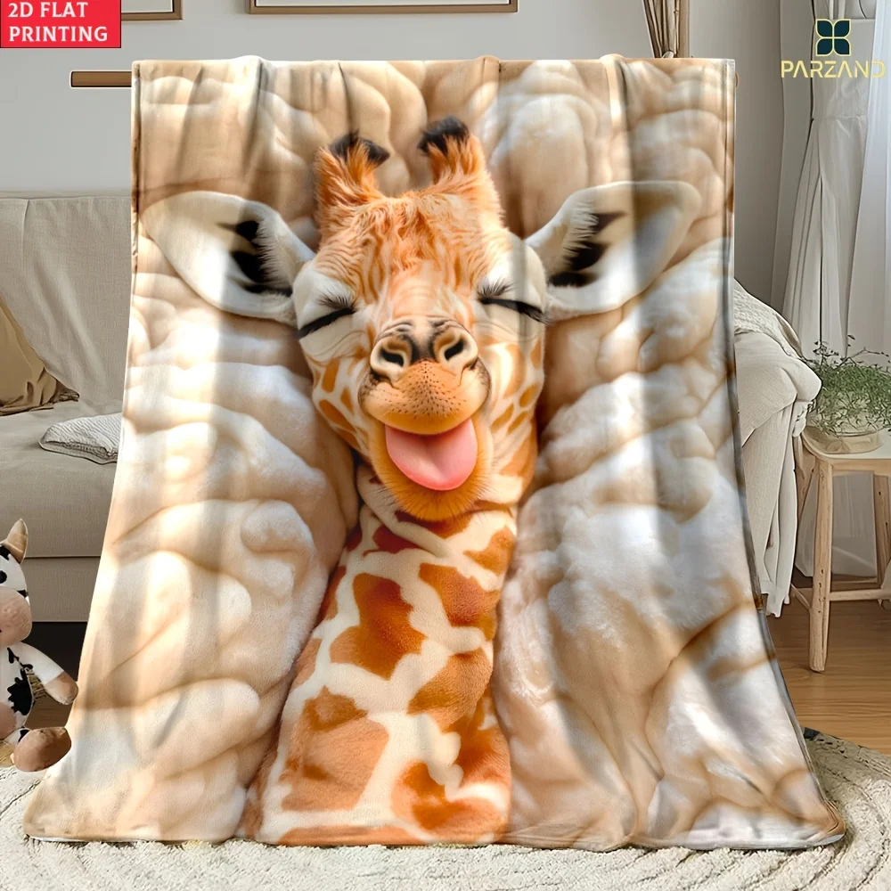 2D Flat Design Cute Plush Giraffe Portable Outdoor Blanket 1pc- Lightweight Home Goods Bed Blanket Suitable for Travel, Camping,