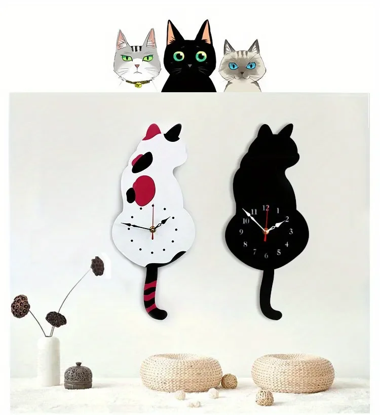 Whimsical Black Cat Pendulum Wall Clock with Moving Tail - Fun and Unique Home Decor for Living Room Office Café and Bedroom