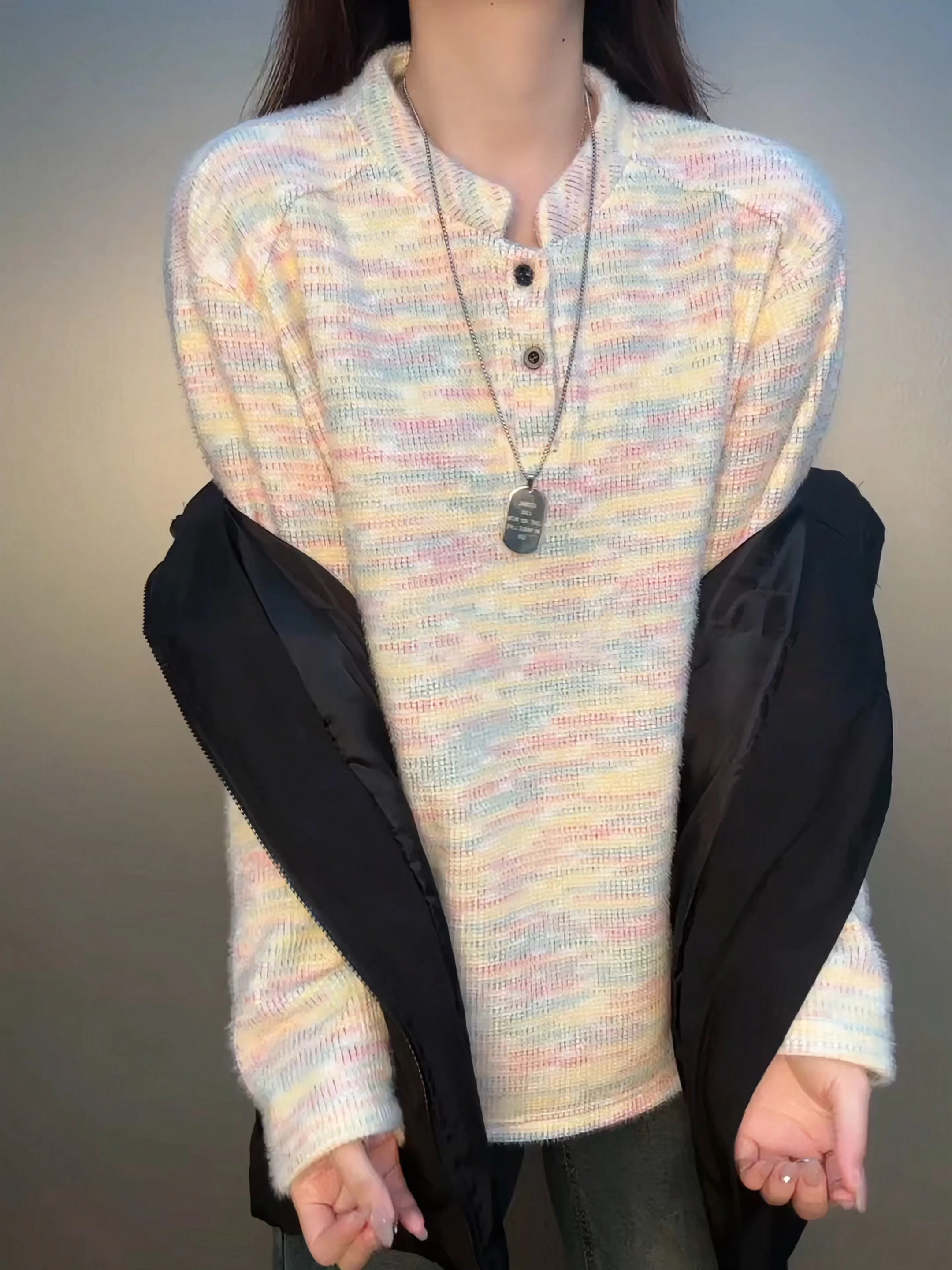 

Мужской трикотажный свитер в американском ретро-стиле с начесом, длинными рукавами, повседневный, весенний, стандартный крой, с воротником хенли