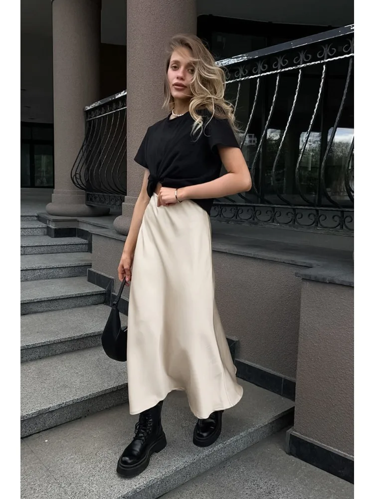 กระโปรงผ้าซาตินเนื้อนุ่มสำหรับผู้หญิง สีพื้น เอวสูง ทรงเอ พลีท ความยาวปานกลาง สไตล์ฝรั่งเศส เหมาะสำหรับใส่ทำงาน