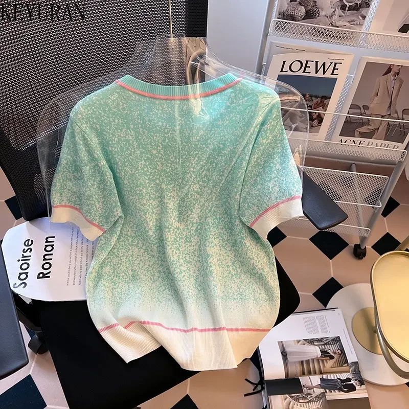 2024 Summer Colorful Gradient Color Matching O-neck Loose Short-sleeved Ice Silk Sweater Women Thin Diamonds Knitted T-Shirt Top