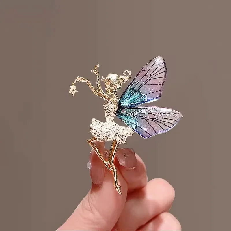 Luxury Wings Fairy Brooch Elegant Butterfly Ballet Dancer Pins Creative Rhinestone Alloy Transparent Clothing Accessories Gifts