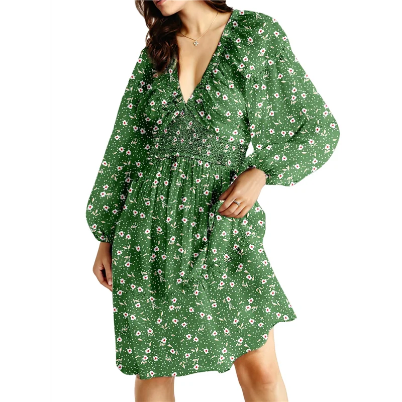 Asds-vestidos de outono para mulheres boho floral decote em v manga longa smocked cintura elástica casual linha a mini vestido de verão
