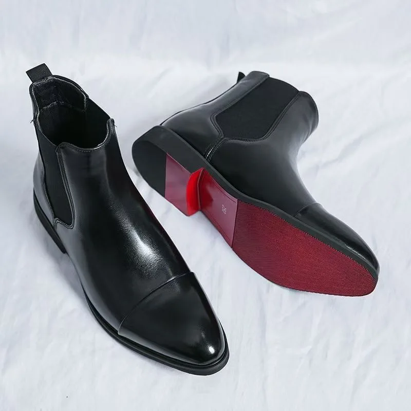 Men's Classic Red Chelsea Boots Pointed Toe Leather Ankle Boots Men British Style Short Boots High-top Business Formal Shoes view 3