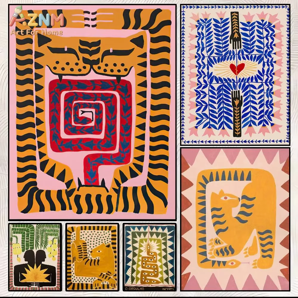 AZNM Abstract Folk Tiger Canvas Wall Art Bohemian Primitive Animal Snake Human Geometric Print Colorful Modern Living Room Decor