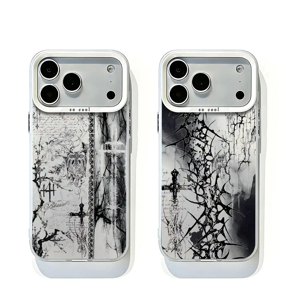 

Gothic Cyber Sigil Cross White Matte Large Lens Frame Cover For iPhone 12 11 14 13 17 16 15 Pro Max Mini Plus E