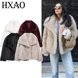 TRAF 2024 Woman Autumn Winter Faux Fur Coat Plush Fluffy Women's Jacket New in Outerwears White Red Gray Black Wool Blends Coats
