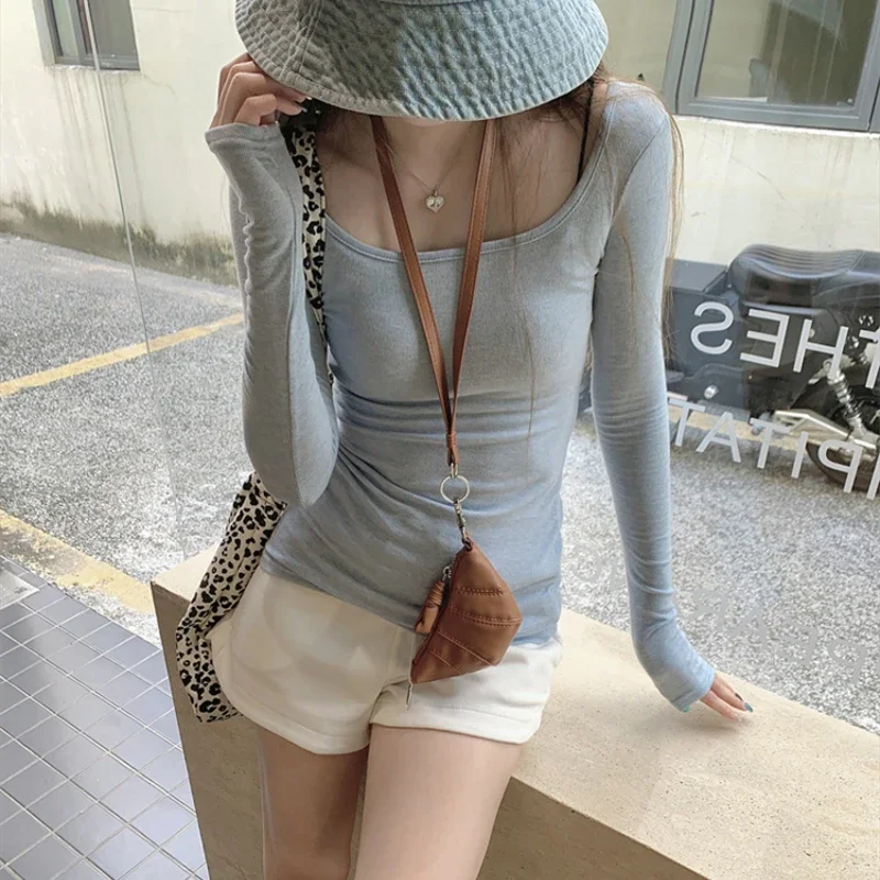 

Square Collar Solid Color Casual Long-sleeved T-shirt Women 2024 Autumn New Korean Sexy Slim All Match Threaded Tops