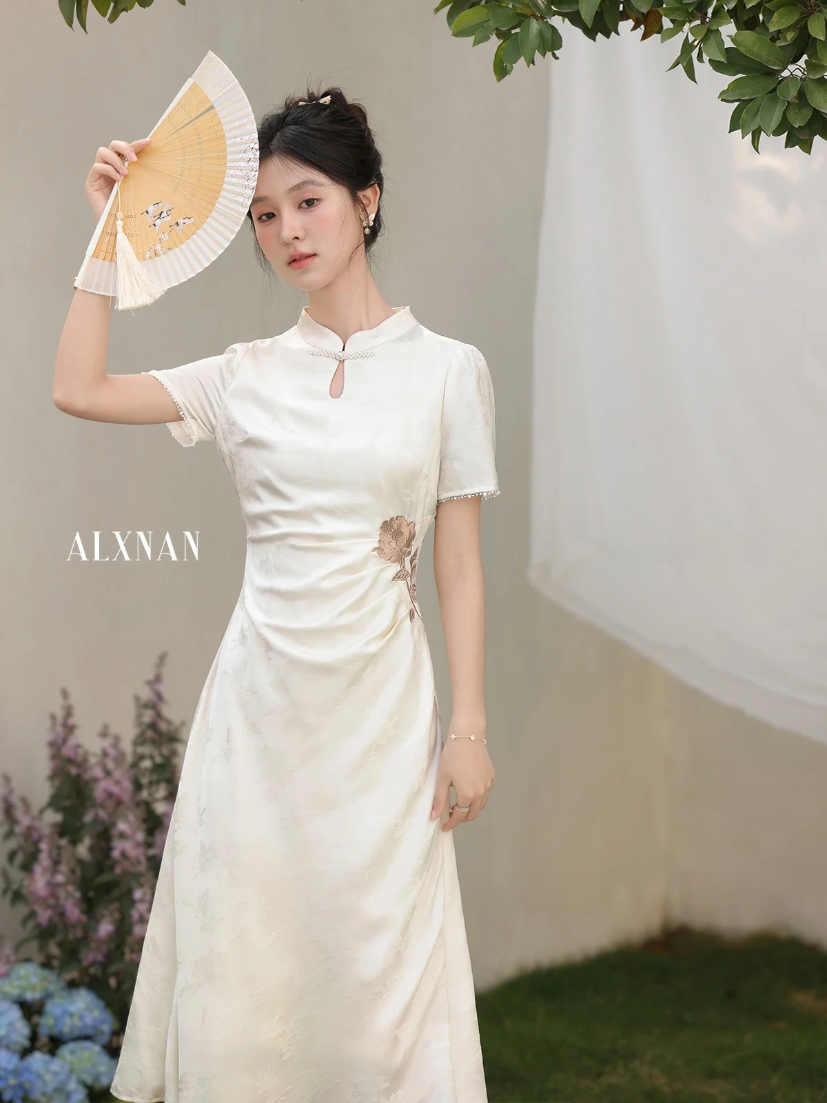 Nouveau chinois Sle Midi Dr Yellowi Beige femmes Dr été nouveauté Ele a-ligne jupe motif Floral rond Ne