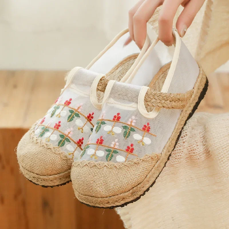 

Semi-slippers Women's Summer Retro Embroidered Shoes Ethnic Style Cloth Shoes Flat-bottomed Linen Sandals and Slippers 2024