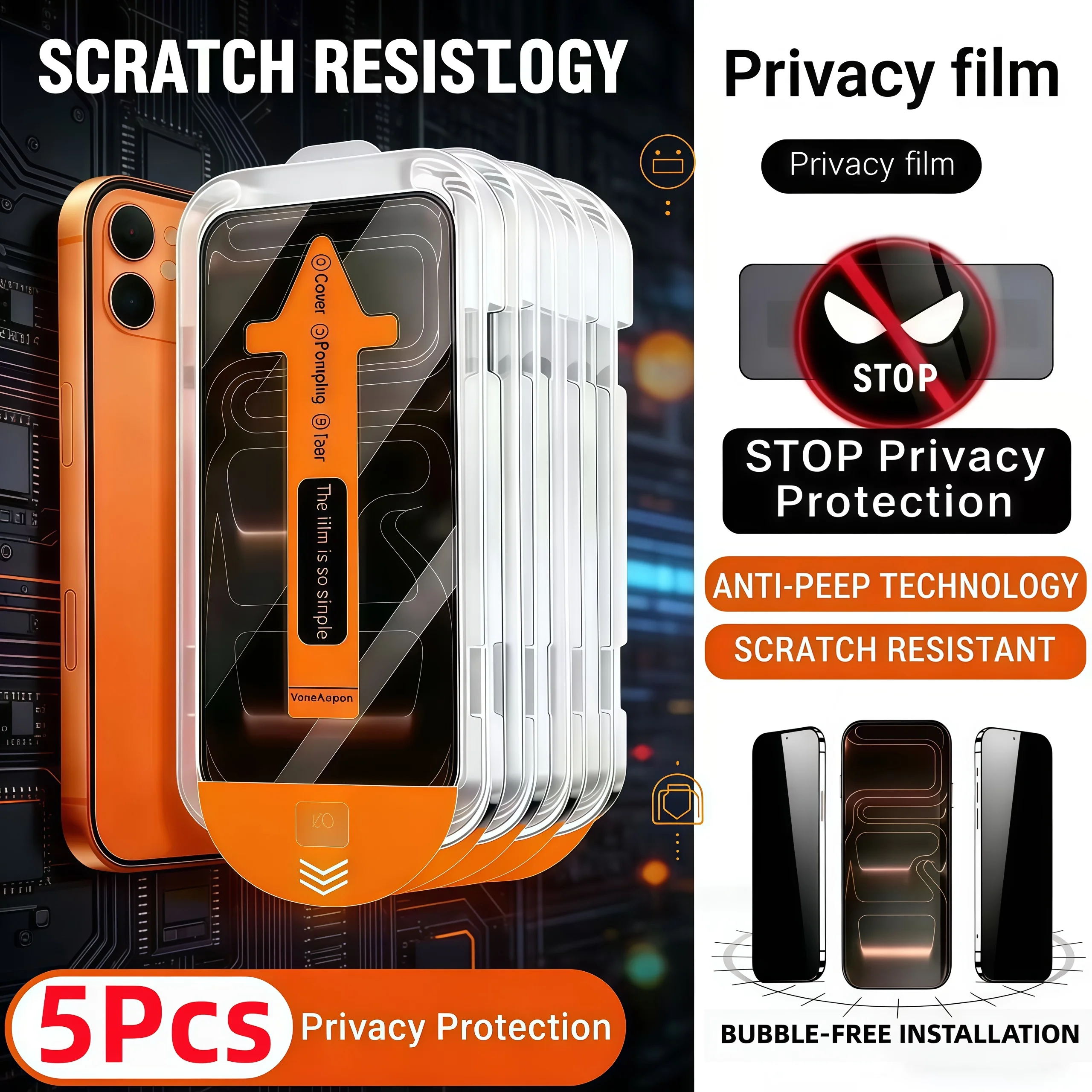

5 шт. Защитное стекло Anti-Spy с установкой без пыли для iPhone 17, 16, 15, 14, 13, 12, 11 Pro Max, XR, XS, 16 Plus, 17 Air, 13 Mini
