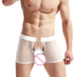 See Through Men Boxer Briefs Front O-ring Hoop Underwear Removeable Bugle Pouch Boxer Shorts Porn Jocky Boxershorts Man