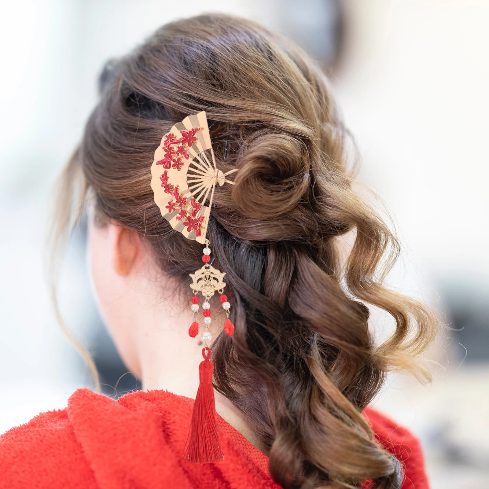 

Chinese Traditional Metal Hairpin Handmade Enamel Fan Flower Tassel Hair Clip For Women Wedding Party Festival Events Floral