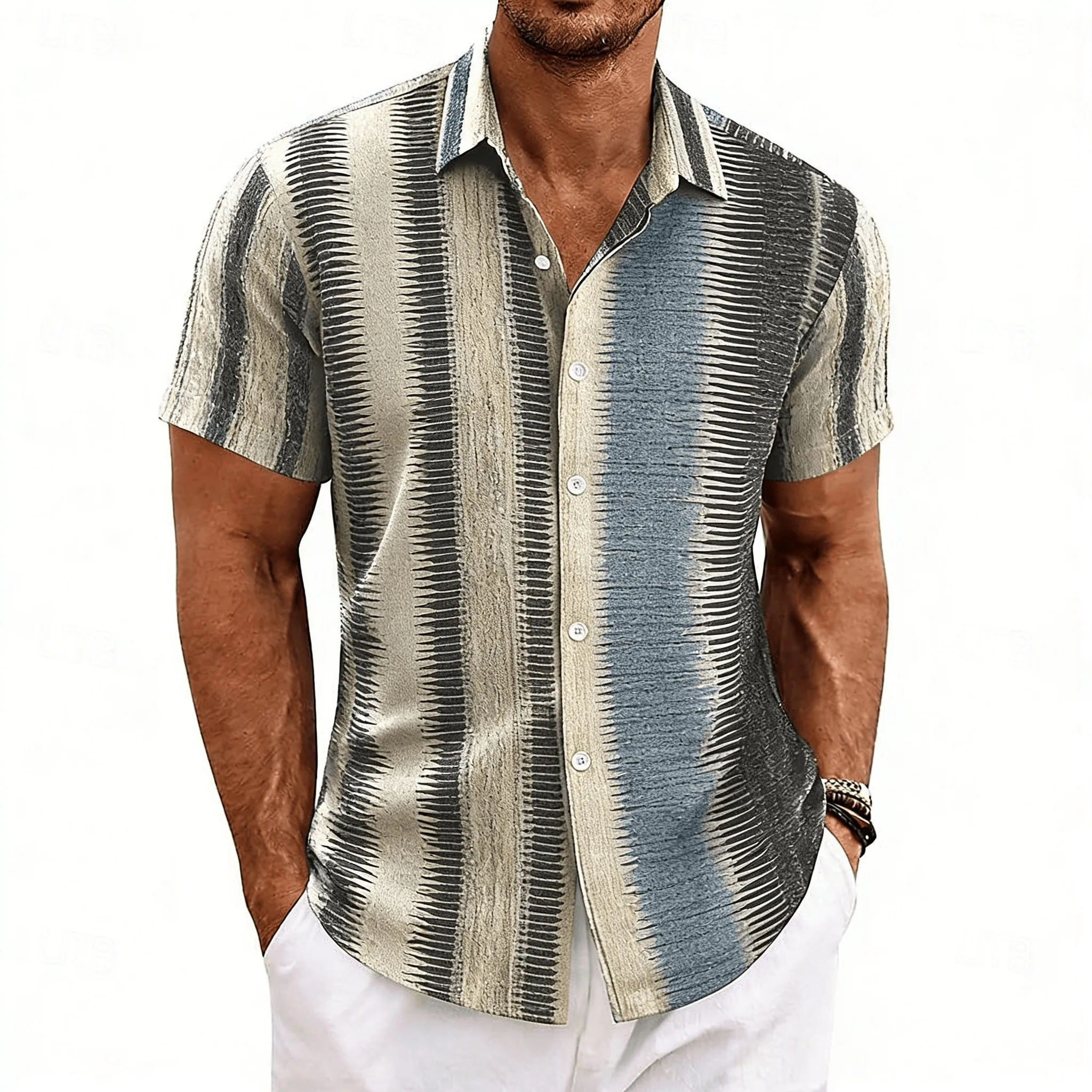 Men's Vintage Vertical Stripe Print Color Block Short Sleeve Shirt, Spring Summer Retro Casual Top, Pocket Lapel Style