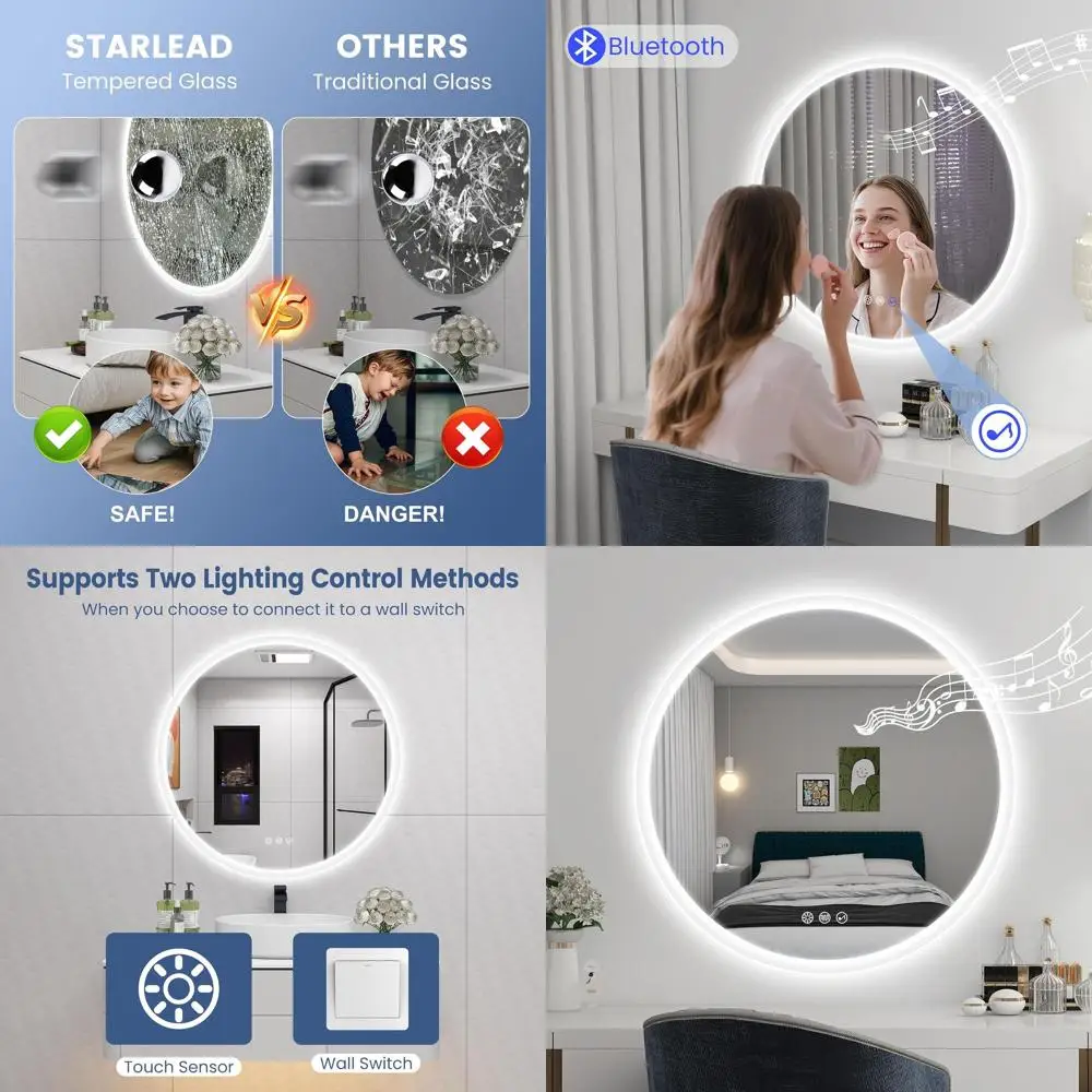 Espejo de baño LED redondo montado en la pared con antiniebla, altavoz Bluetooth, temperatura de 3 colores, brillo regulable, Te impermeable