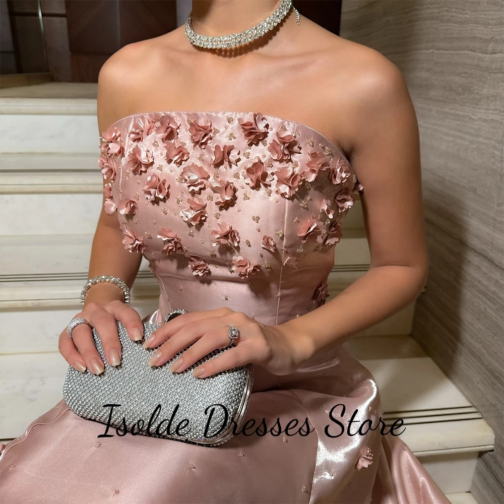 Sparkly Pink Satin Evening Dress Customized Strapless Sleeveless Homecoming Dresses Charming Flowers Zipper Back Celebrity Gowns