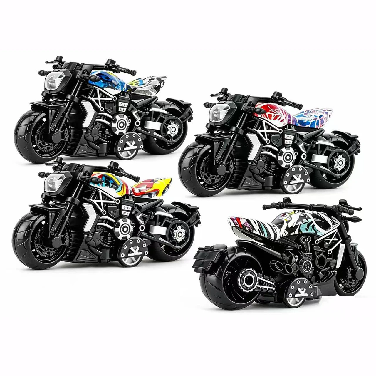 Collectible mini model of a rear-wheel drive toy motorcycle. Parts are randomly colored and shipped.