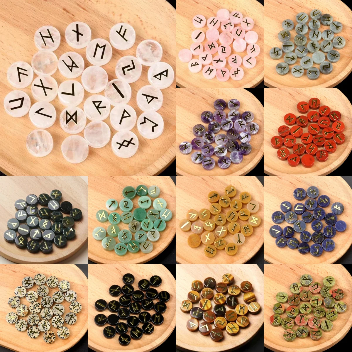 25pcs 16-8mm Round Wafer Natural Crystal Stone Quartz Rune Stones for Divination Chakra Energy Beads