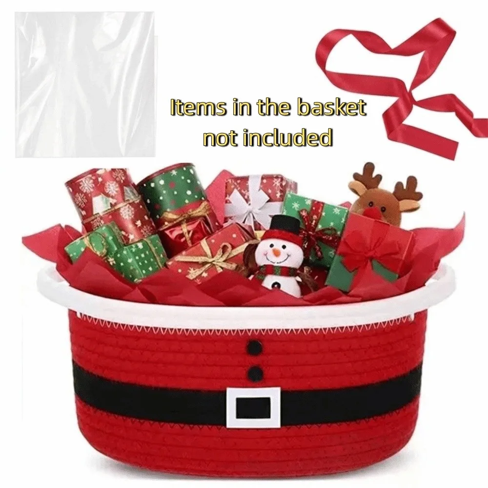 Cotton Rope Christmas Woven Storage Basket Large Capacity Cartoon Hand Woven Storage Basket Xmas Theme with Plastic Bags Ribbons