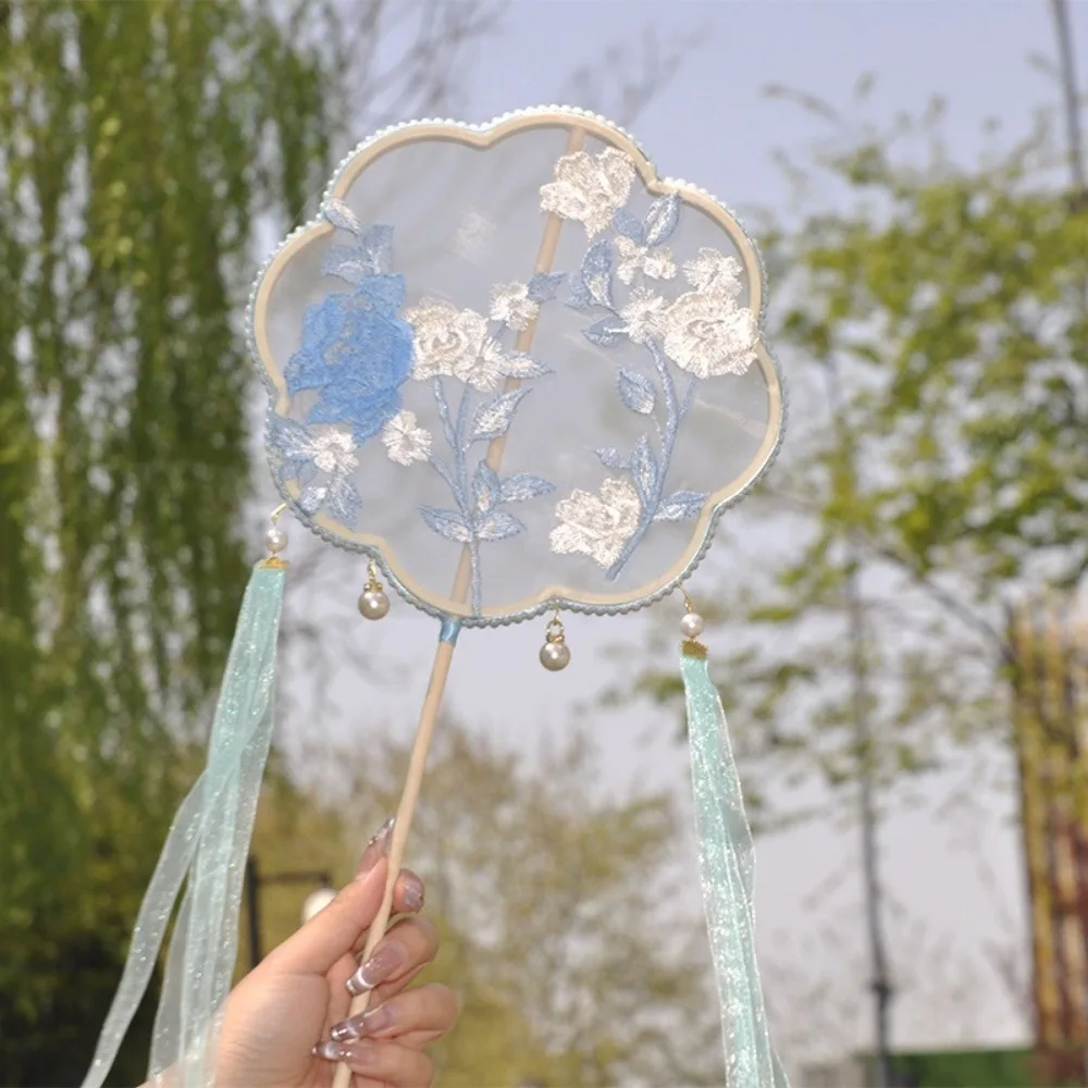 

Classical Handheld Chinese Style Fan Decorative with Tassels Circular Fan Long Handle Embroidery Fan Photography Props
