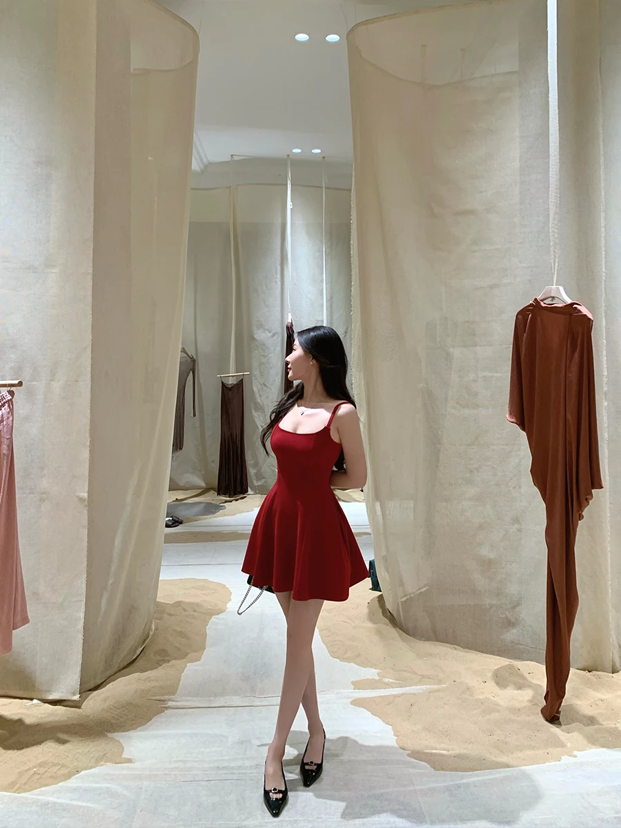 

Sweetie Lychee ort Red Belted Strap Dr Sexy Sle Spring Autumn Winter Casual Dr Evening Gown No Sve Square Ne