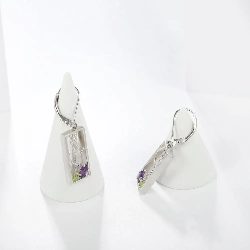 GEM'S BALLET 925 Sterling Silver Handmade Grass Pencil Tree Natural Amethyst Gemstone Woman’s Statement Earrings Fine Jewelry