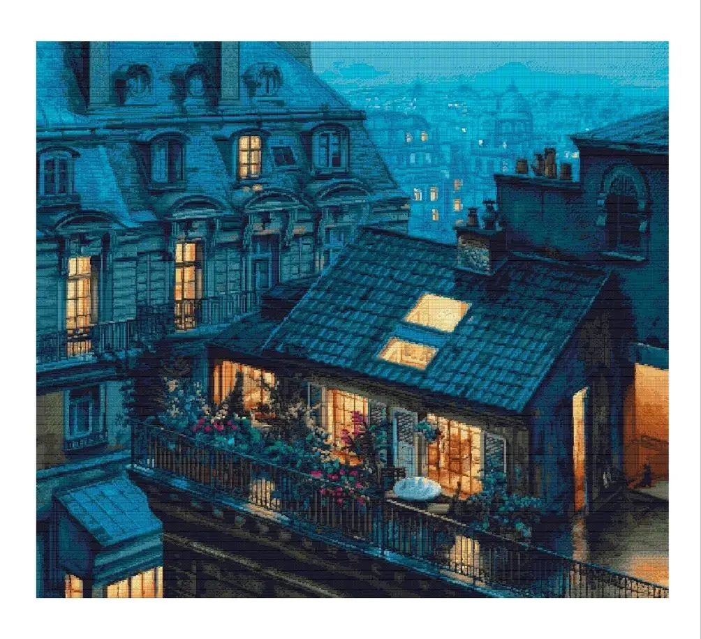 

Night City House Scenery 18CT 16CT 14CT Unprinted Cross Stitch Kits Embroidery Art DIY Handmade Needlework Home Decor