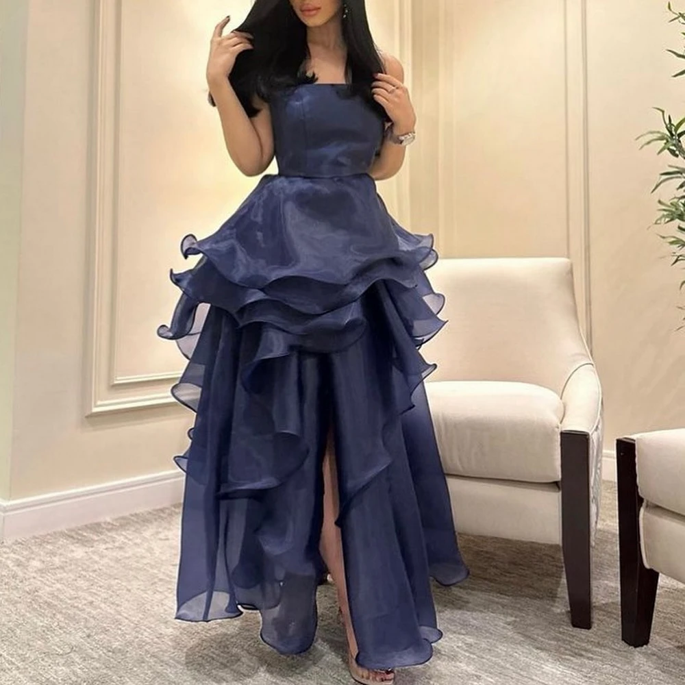 Gaun malam A-Line tanpa tali Carolina gaun malam wanita Organza Arab Saudi Tiered Vintage untuk tamu pernikahan gaun pesta Formal elegan