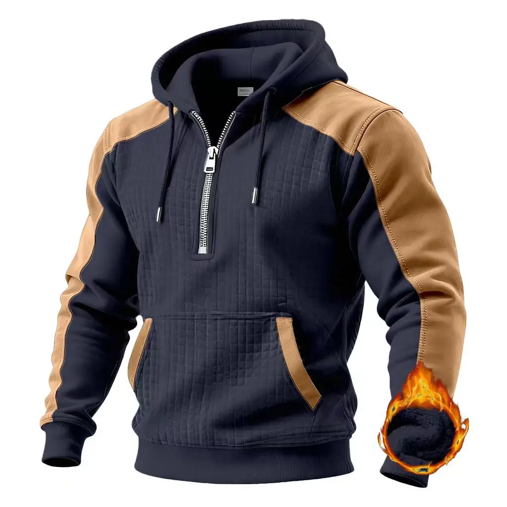Men's High-End Double-Layer Hooded Sweatshirts Small-Checkered Half-Zip Color-Block Casual Hoodies Thick Warm Fleece Pullover
