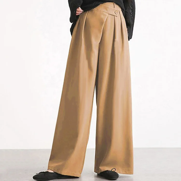 Irregular Button Pant For Women High Waist Solid Straight Wide Leg Trousers Office Lady Clothing 2024 Autumn New