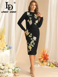 LD LINDA DELLA New style Women's Suit Long-Sleeved Single-Breasted Tops+Slim-Fit Hip Wrap skirt Embroidery Autumn 2 piece set