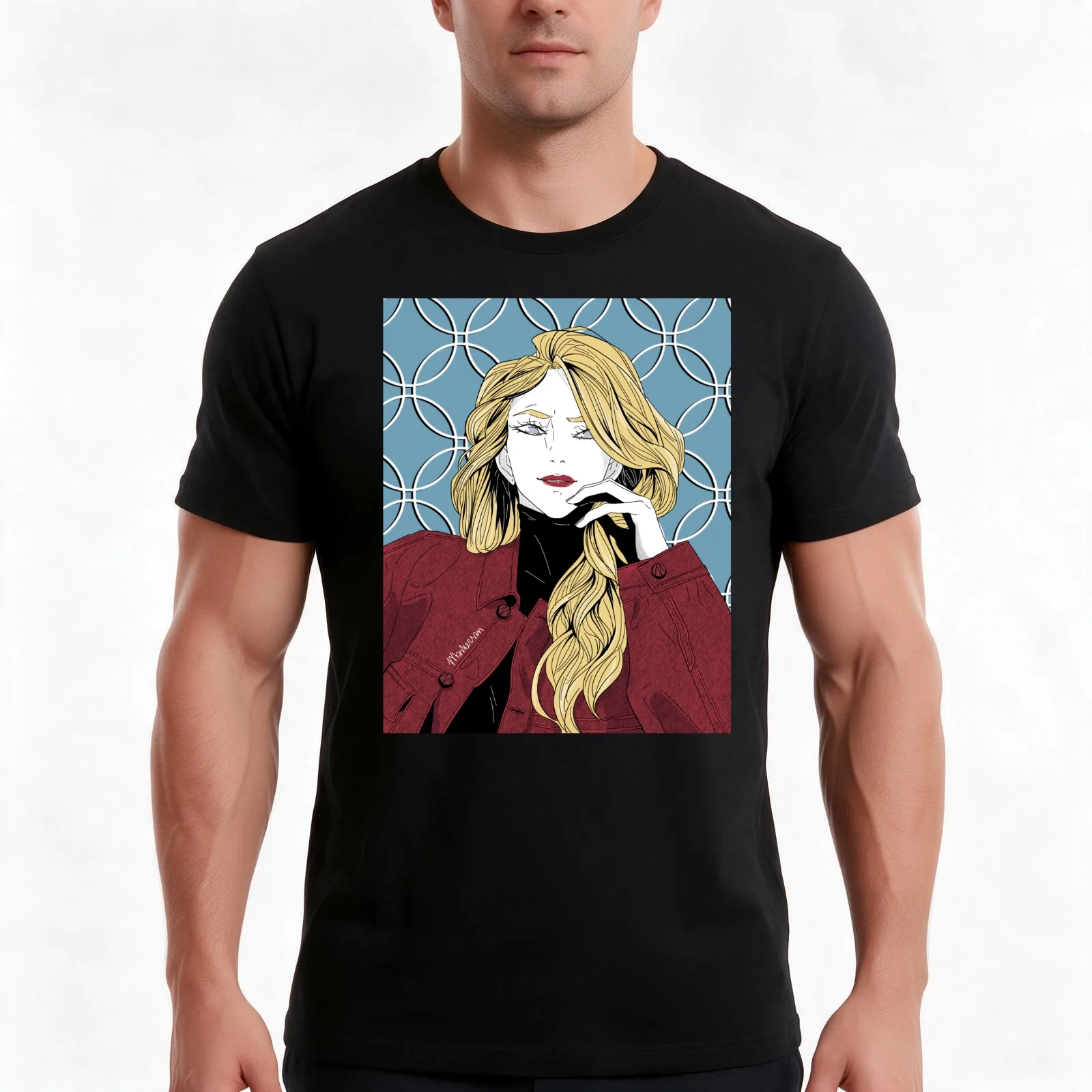 Celia in red jacket by Mashersan Blindfold T-Shirt, Summer Casual Cotton Tee, Oversized Streetwear Tops, Vintage Graphic Print