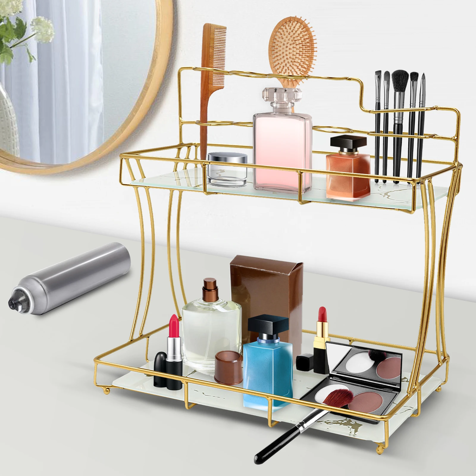 Bathroom Organizer Countertop Gold, 2 Tier Bathroom Vanity Organizer Makeup Shelf Removable Tier Tray for Dresser,Bedroom